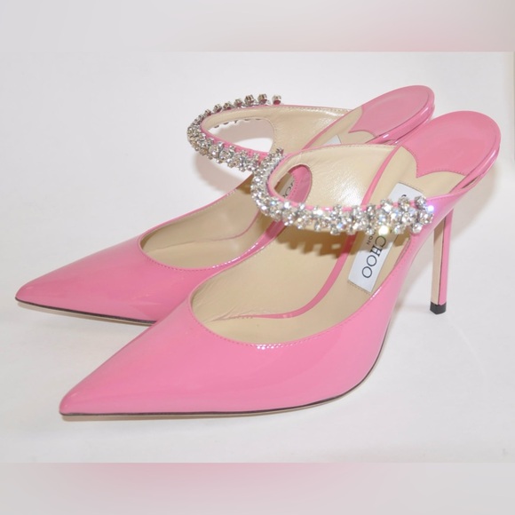 JIMMY CHOO Bing 100 Embellished Patent Leather Pink Mule Heels Size 38.5 / 8.5 - Picture 6 of 12